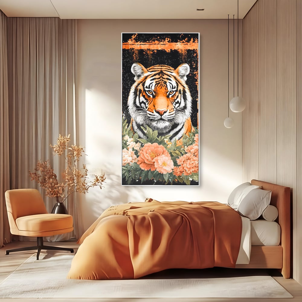 Tablou canvas cu tablou canvas cu tigru si flori, in rama de aluminiu argintiu, pe perete intr-un dormitor
